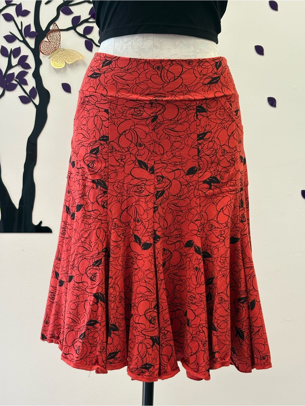 Effie's Heart Red Floral Midi Skirt with Black Print - Picture 2 of 7